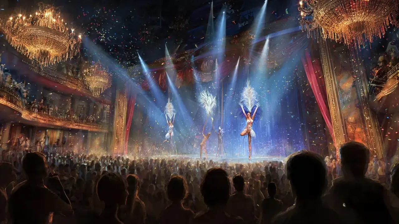 A packed Las Vegas showroom theater — showgirls in feathered costumes soaring on stage under crystal chandeliers, blue spotlights, confetti, and a silhouetted crowd — the magic of Las Vegas live entertainment