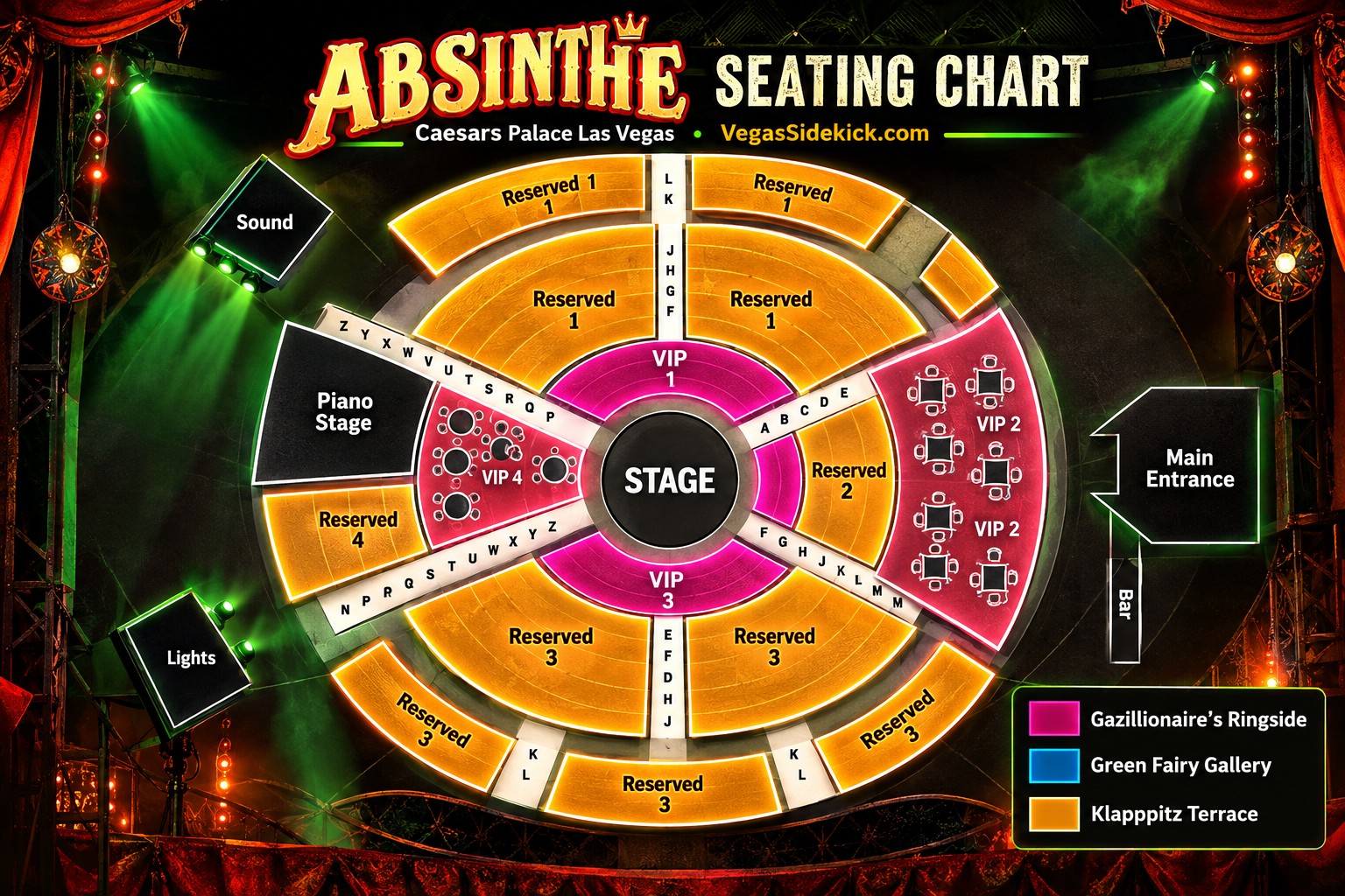 Absinthe seating chart at Caesars Palace Las Vegas showing VIP 1 through VIP 4 and Reserved 1 through Reserved 4