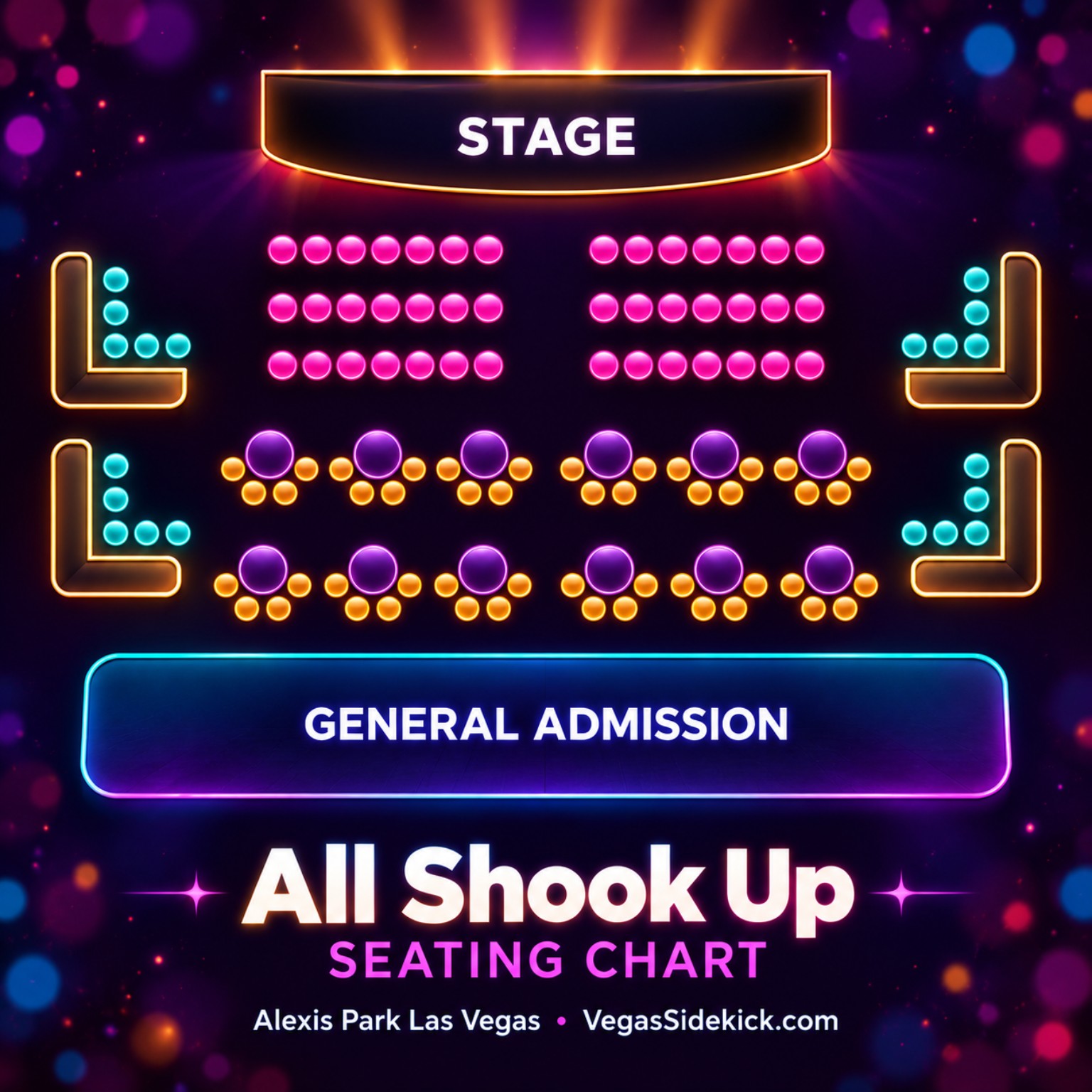 All Shook Up seating chart at Alexis Park Las Vegas showing front rows, round tables, side booth seating and a separate General Admission section