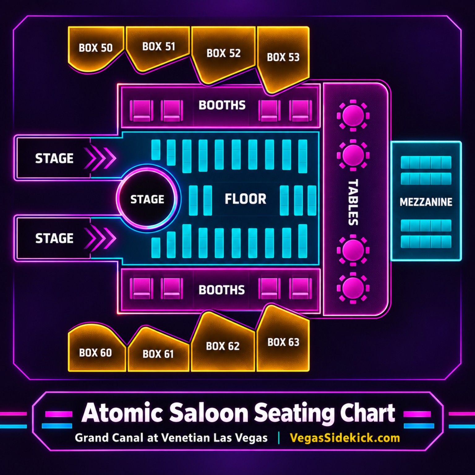 Atomic Saloon seating chart at Grand Canal at Venetian Las Vegas showing Floor, Booths, Tables, Mezzanine and Boxes 50 through 53 and 60 through 63
