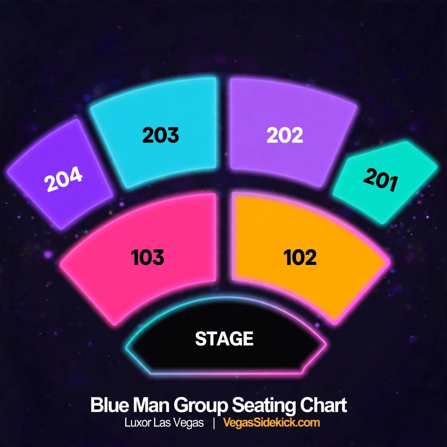 Blue Man Group seating chart at Luxor showing sections 102, 103 and 201 through 204