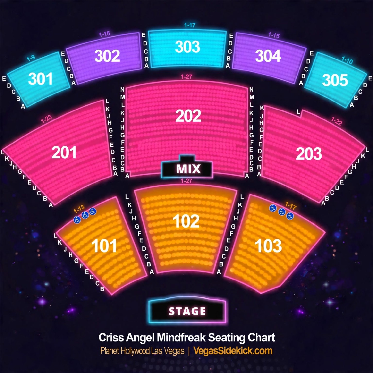 Criss Angel Theater seating chart showing sections 101–103, 201–203 and 301–305