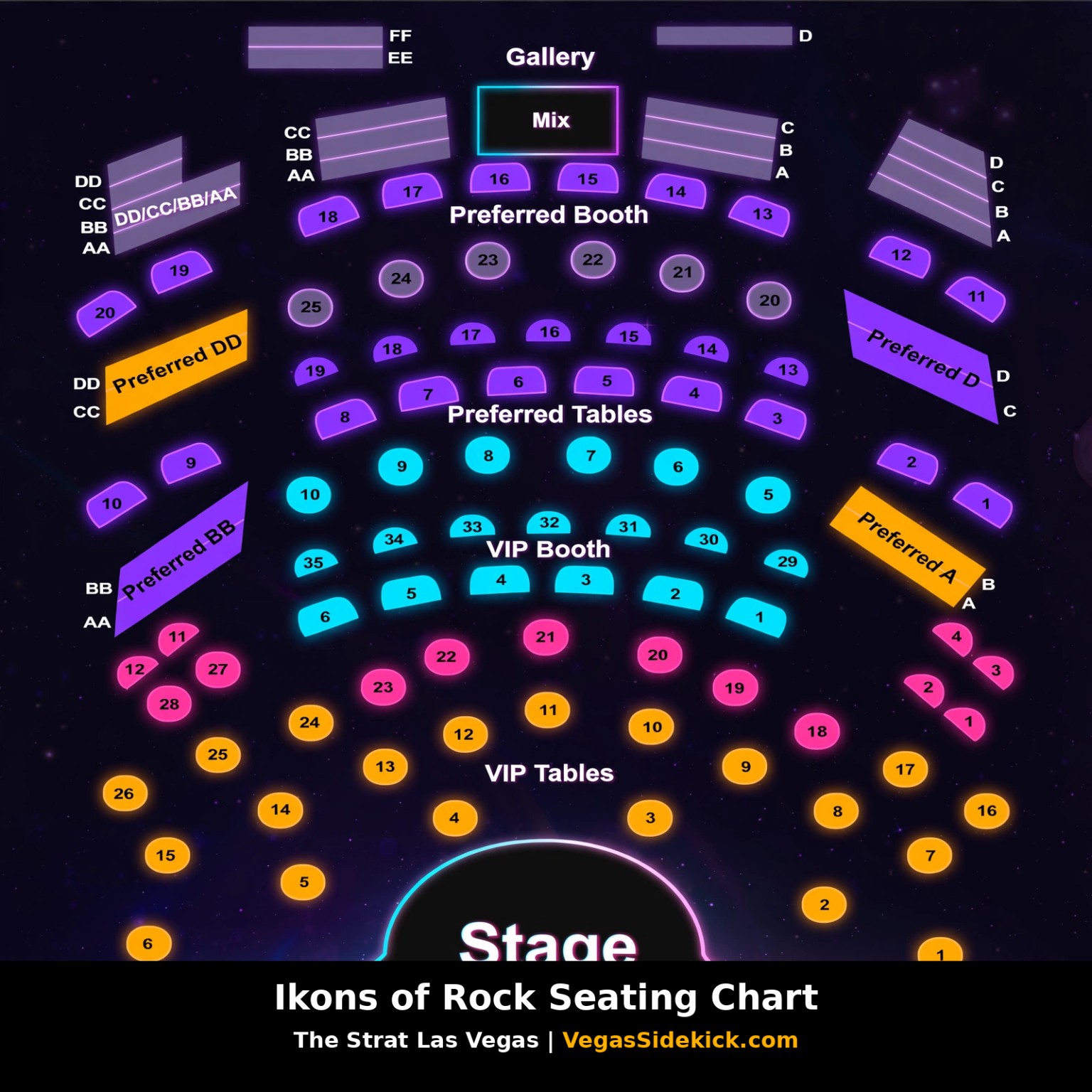 Ikons of Rock seating chart at The STRAT Theater showing VIP Tables, VIP Booth, Preferred Tables, Preferred Booth, Preferred A, Preferred D, Preferred BB, Preferred DD and Gallery seating