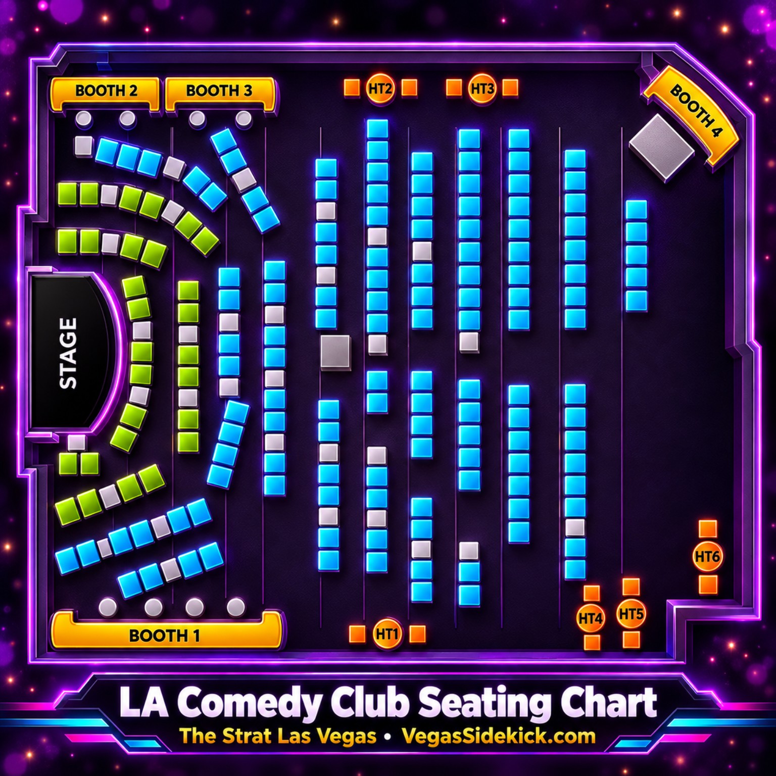 LA Comedy Club seating chart at The STRAT showing VIP, General Admission, Booths and HT1 through HT6