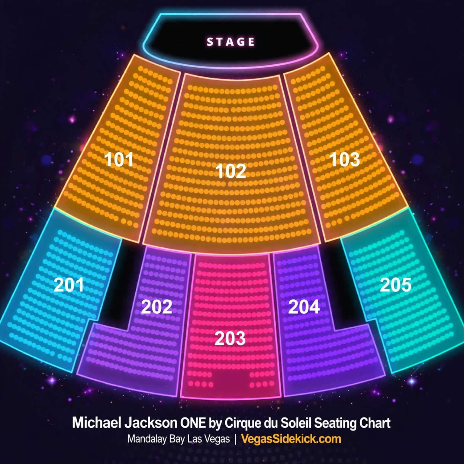 Mandalay Bay Theatre seating chart for Michael Jackson ONE showing sections 101 through 103 and 201 through 205