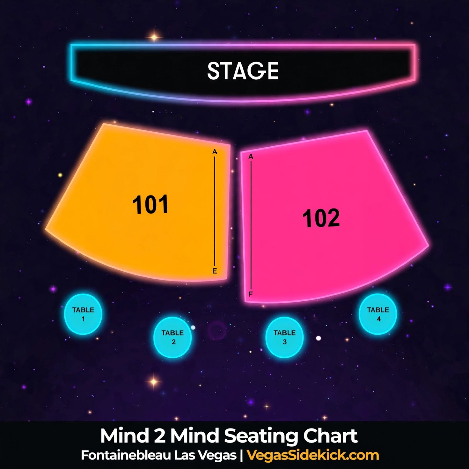 MIND2MIND seating chart showing sections 101 and 102 and Tables 1–4
