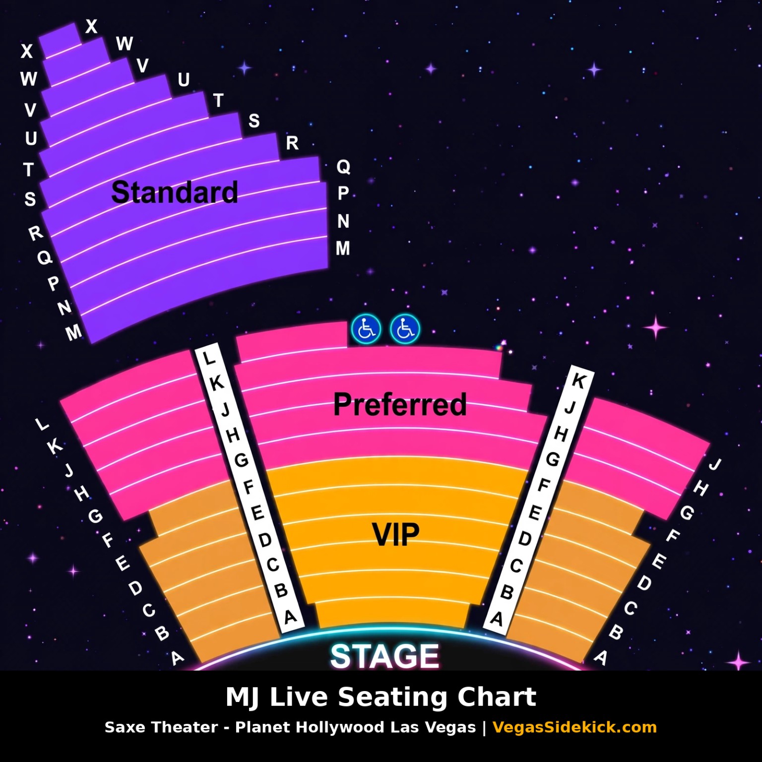 MJ Live seating chart at Saxe Theater showing VIP, Preferred and Standard seating