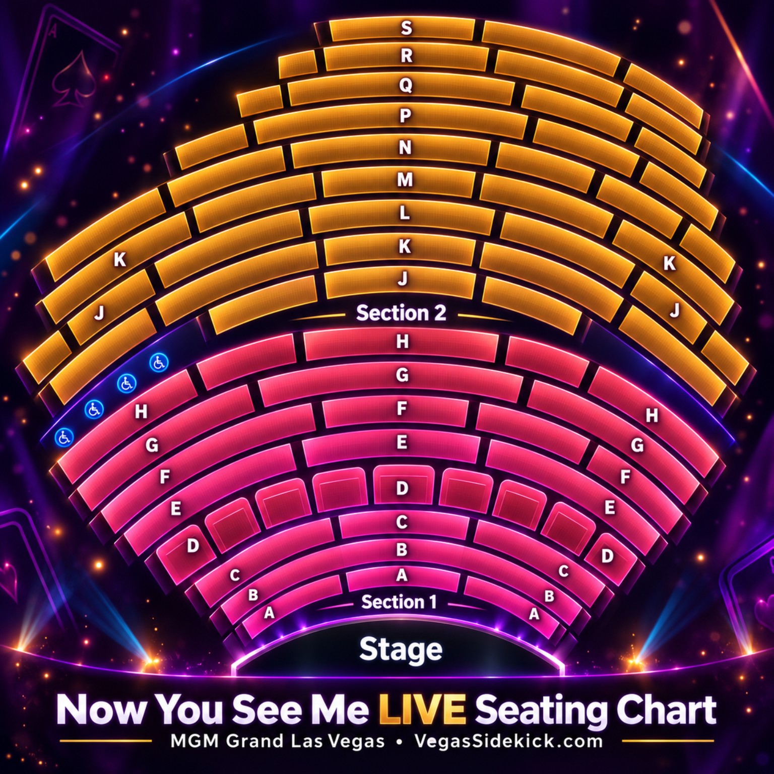 Now You See Me LIVE seating chart at MGM Grand showing Section 1 and Section 2 with rows A through S