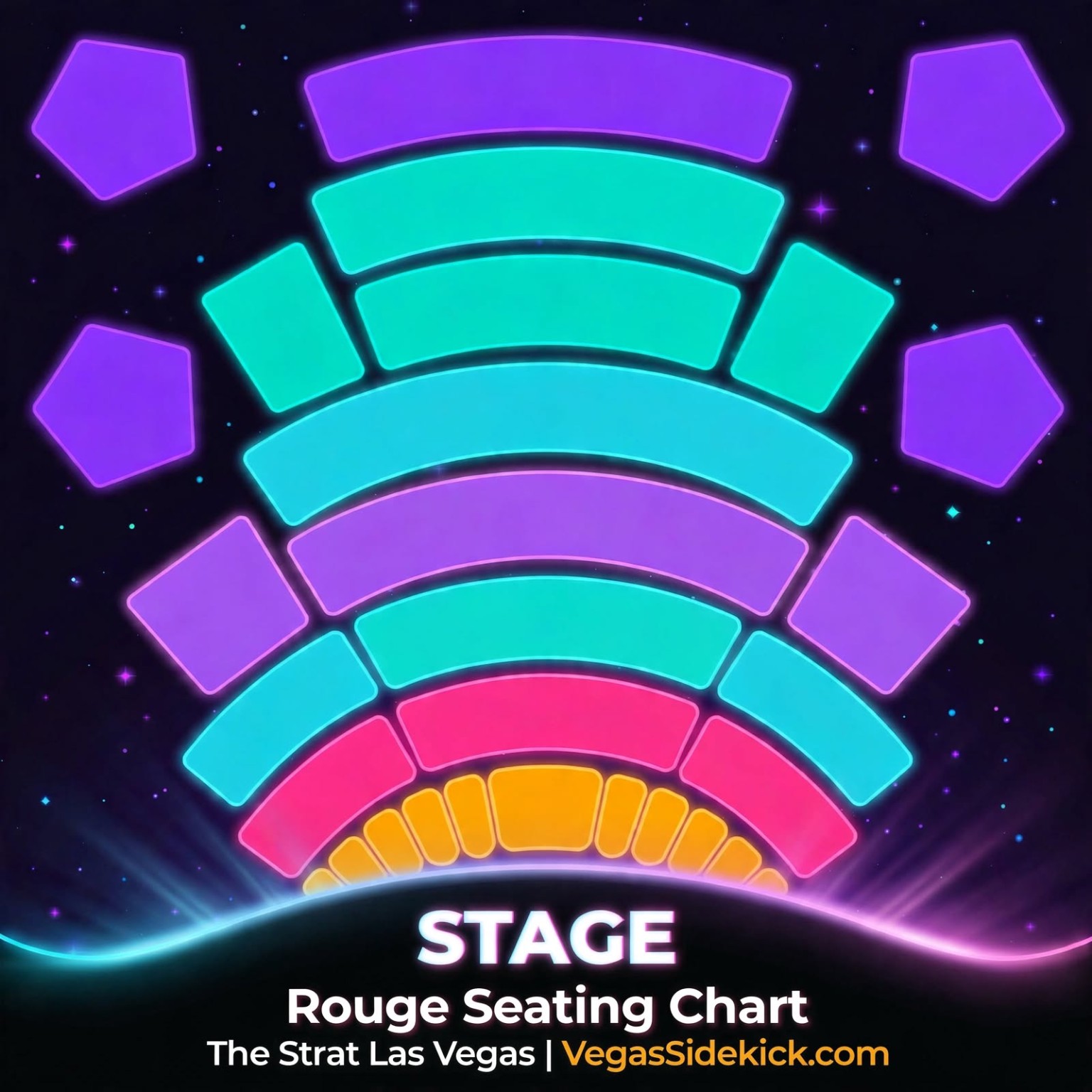 Rouge seating chart at The STRAT showing colored seating blocks around the stage