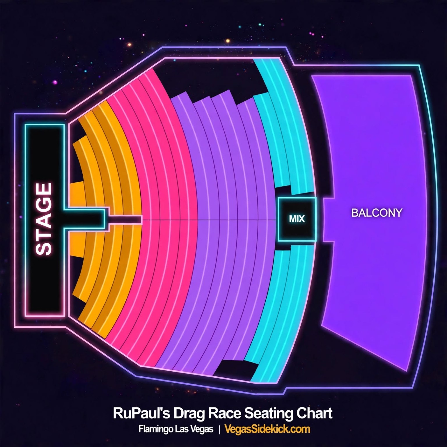 RuPaul’s Drag Race LIVE! seating chart at Flamingo showing orange, pink, purple, cyan and balcony seating around the stage