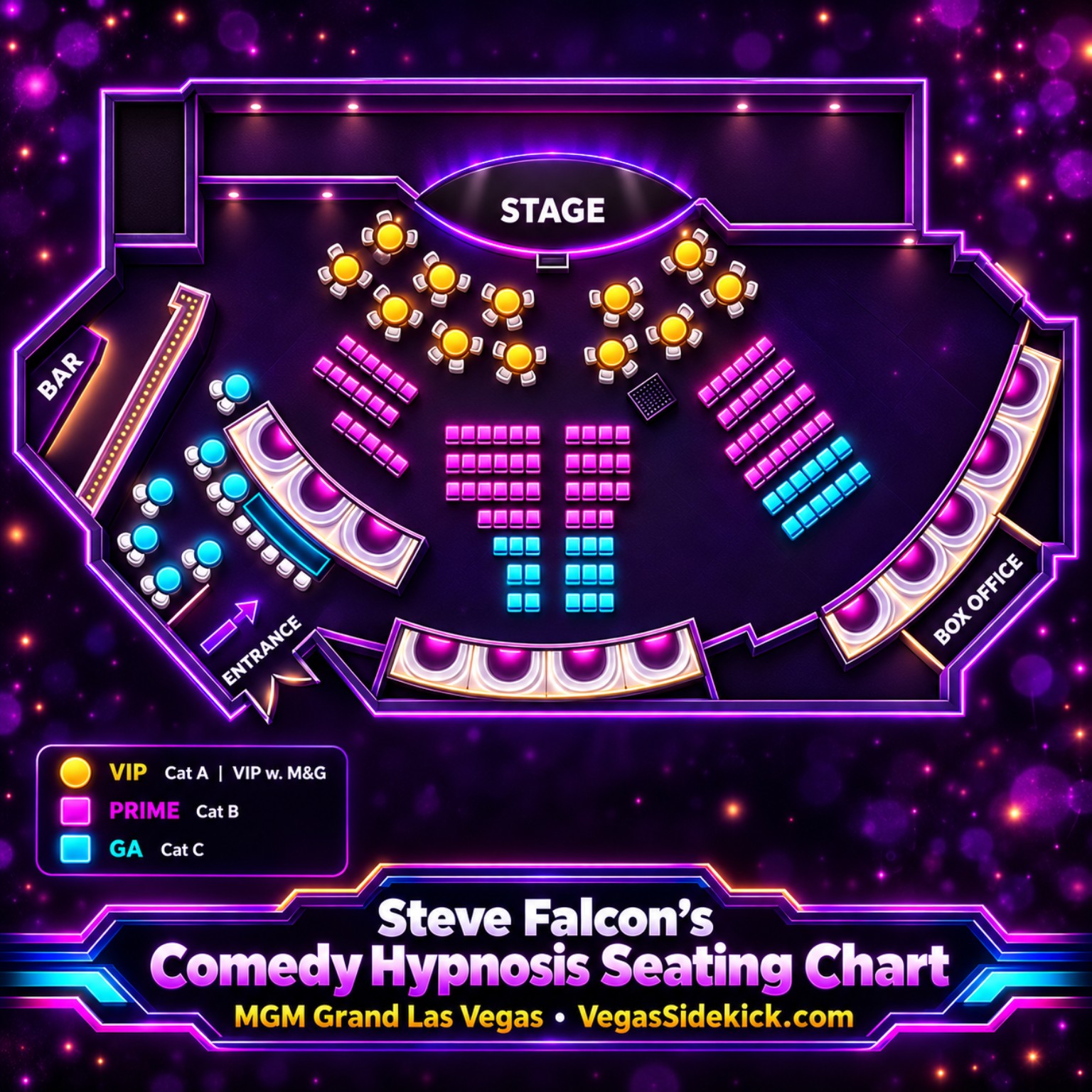 Steve Falcon's Comedy Hypnosis seating chart at MGM Grand showing VIP, Prime and GA seating