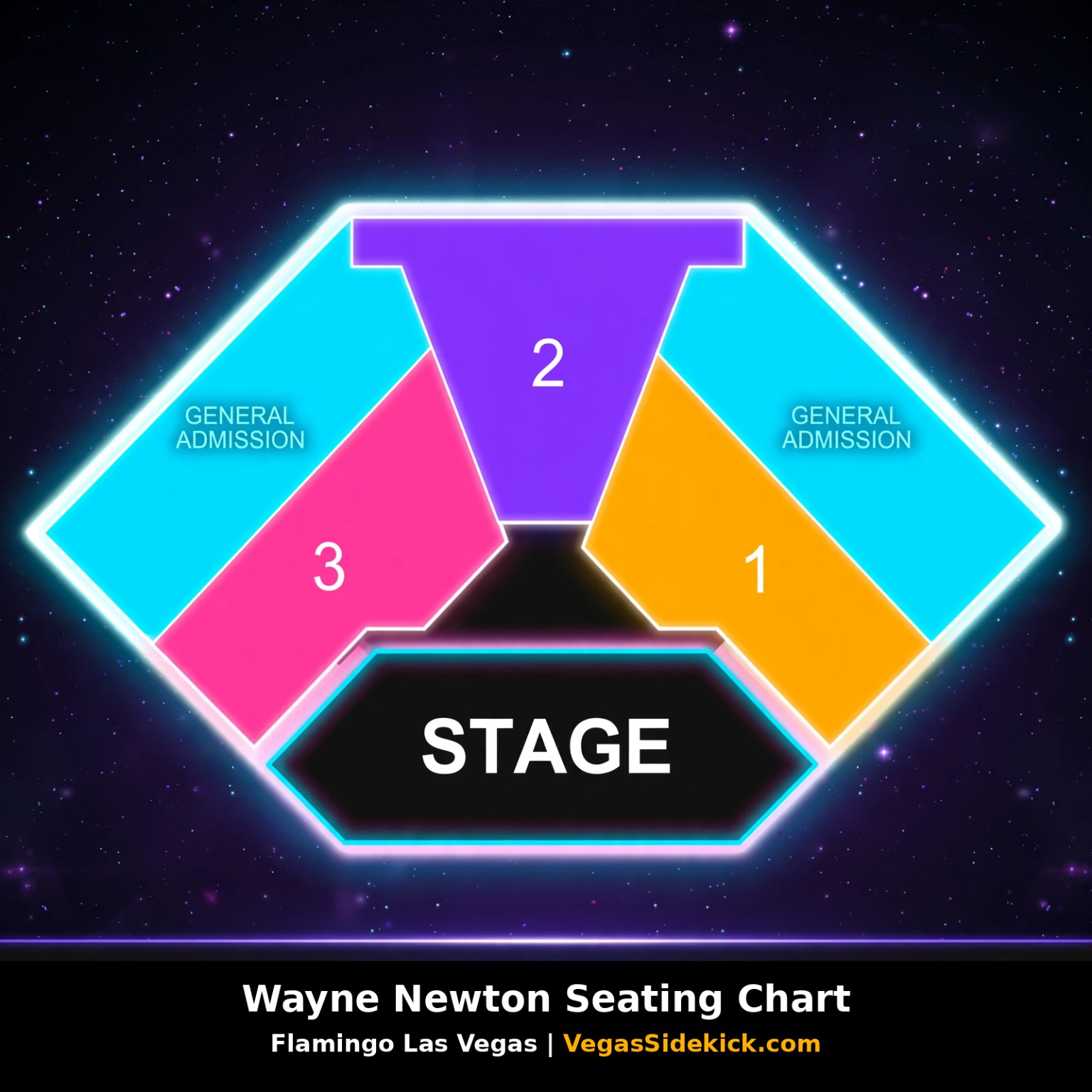 Wayne Newton seating chart at Flamingo Las Vegas showing Sections 1, 2, 3 and General Admission