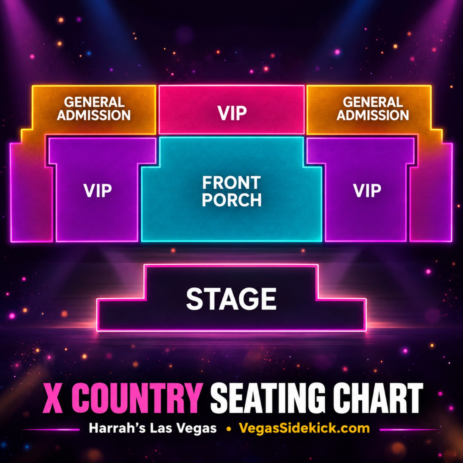 X Country seating chart at Harrah's Las Vegas showing Front Porch, VIP and General Admission seating