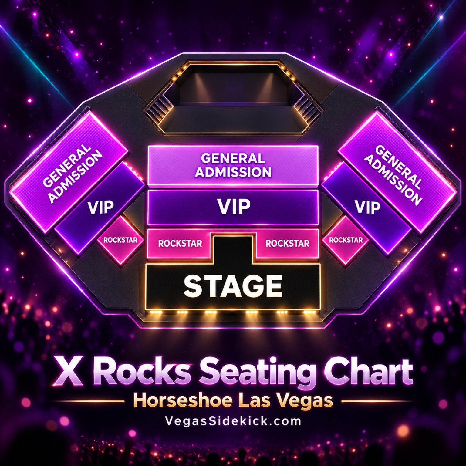 X Rocks seating chart at Horseshoe Las Vegas showing Rockstar, VIP and General Admission seating
